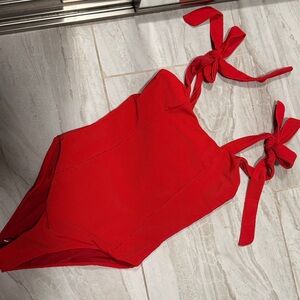 Beach Riot Vibrant Red Ribbed One-Piece Swimsuit with Tie Straps NWOT